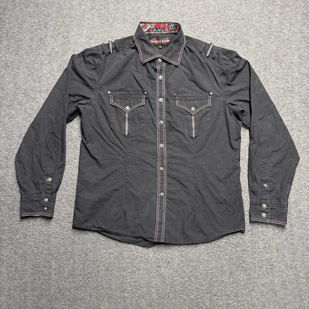 House of Lords Button Down Shirt Mens XL Black Embroidered Pockets Western